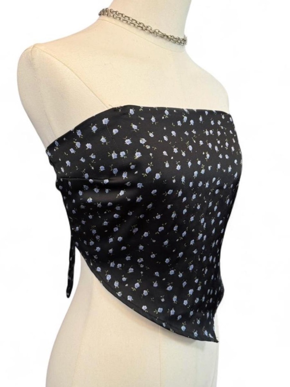 garage black silky floral tie back scarf top with blue roses 🩵🖤